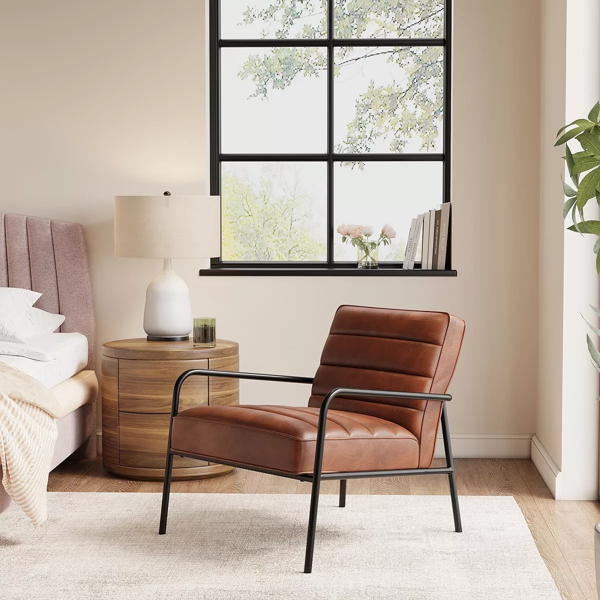 Luxury Tan Faux Leather Armchair Retro Occasional Lounge Chair