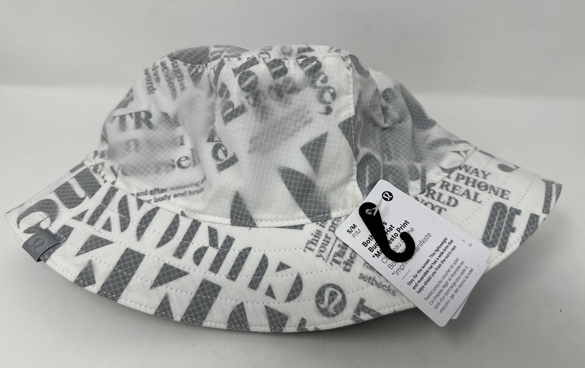 LULULEMON NWT AUTHENTIC MANIFESTO PRINT REVERSIBLE GENDER NEUTRAL BUCKET HAT L/XL Lululemon Both Ways Reversible Bucket Hat White/Cheetah  main image 4
