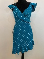 Willow & Clay Wrap Dress Polka Dot Cold Shoulder Small Spaghetti Strap Teal Mini