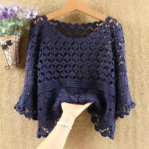 Women's Crochet Crop Top Hollow Pullover Summer concealer- - Bild 19 von 35