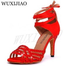 LatinDance Shoes with Red Satin Rhinestone Style HighHeels SalsaShoes Heel 10cm