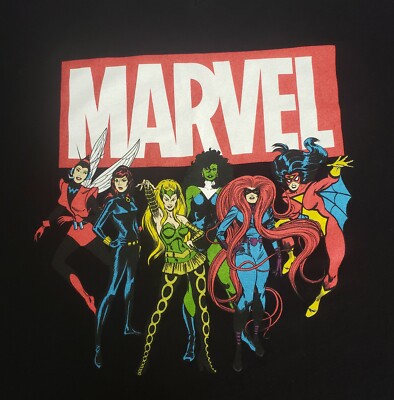 Marvel Comics All Female Heroes Women's S-Sleeve Plus Sz-6 V-Neck Black T-Shirt