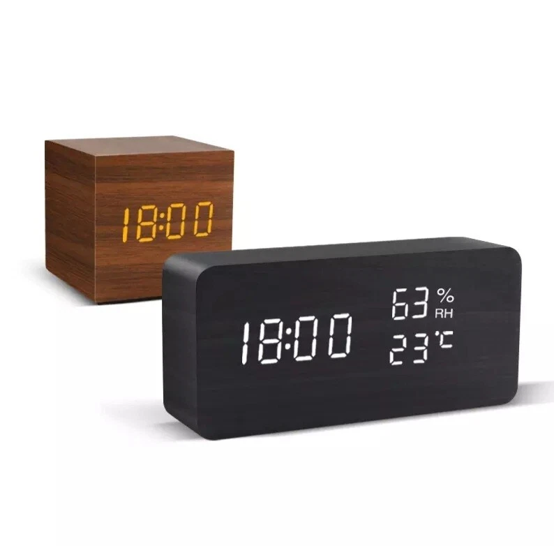 Reloj despertador de madera rectangular cuadrado reloj de mesa de escritorio alimentación USB reloj de madera Foto 2 de 4