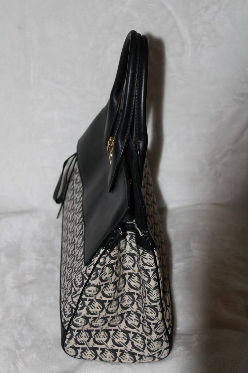 Salvatore Ferragamo Gancini Studio Bag Top Handle Beige Canvas Black  Leather