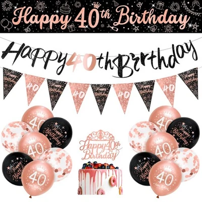 Lot de 16 décorations de fête d'anniversaire pour femme Noir et or rose Pour ... - Photo 1/4