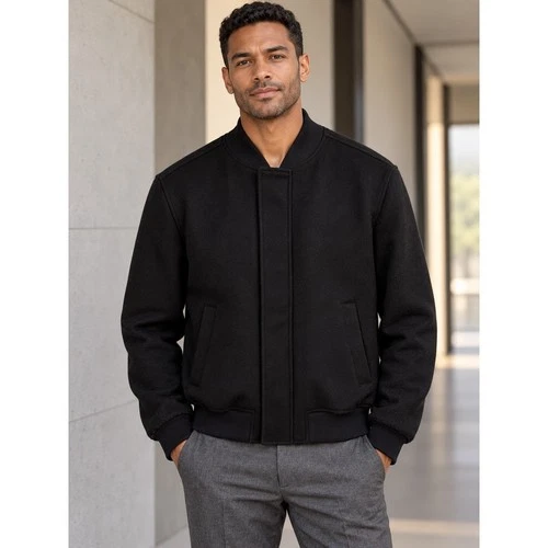 Zara Bomber Jacket Men Large Black Textured Full Zip Snap Closure Outerwear - product listing photo