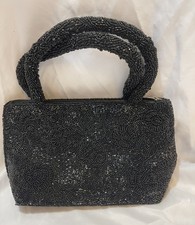Black Glass Beaded Satin Evening Bag w/Zip Two beaded handles, 6.5x9", New