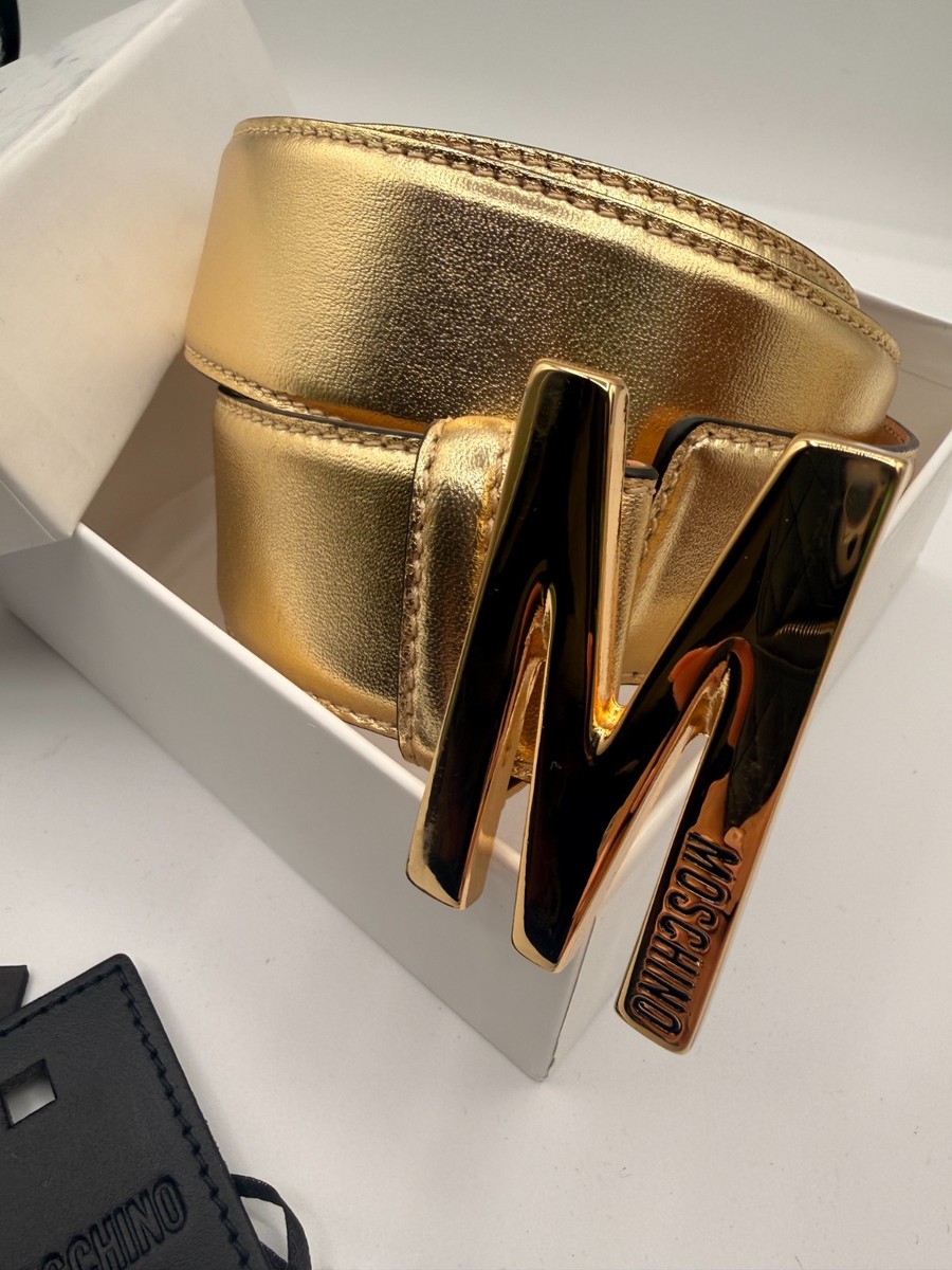 Moschino Couture Gold Metallic Leather Belt Large Logo Buckle Made
