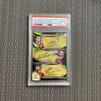 2024 Topps Chrome Euro Xavi/Iniesta/Alonso Triple Auto Black /10 PSA 10 POP 1