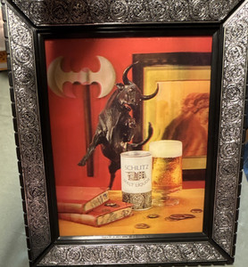 Schlitz Breweriana Sign Framed Beer Advertisement Featuring Bull and Beer Glass
