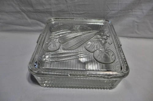 VTG Federal Glass Large Embossed Square Ribbed Refrigerator Storage Dish W/Lid