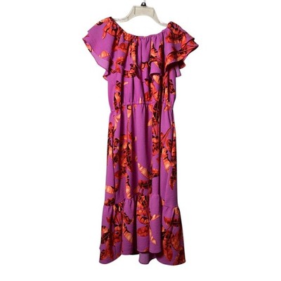 Sofia Jeans Dress Tropical Leaf Ruffle Midi Women Size XXXL Orange Boho Summer