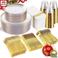 Hammered Plastic Plates Set 100pc Disposable Clear Gold Trim Party Dinnerware US