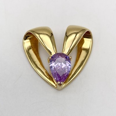 Vintage Heart Pendant Purple Glass Stone Gold Tone Signed Seta