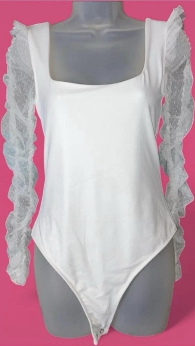 SO White Bodysuit Ruffle Mesh Sleeves Women’s Juniors Medium One Piece Stretch