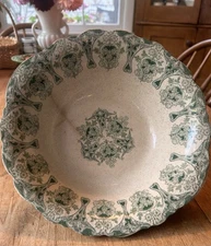 VTG J & G MEAKIN Genoa SERVING BOWL GREEN TRANSFERWARE*HEAVILY STAINED & CRAZED*