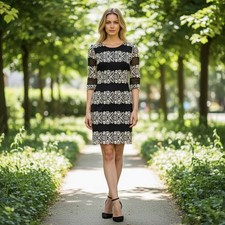 Antonio Melani Womens Dress 12 Black Nylon Cotton Lace Striped Sheath Scalloped