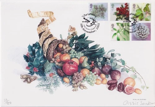 GB Ltd Ed #33/950 Painting FDC: 2002 Christmas - 'Cornucopia' by Lizzie Sanders