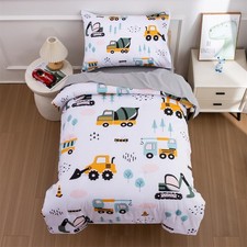 4-Piece Toddler Bedding Set with Truck, Excavator Car Prints - Light Green