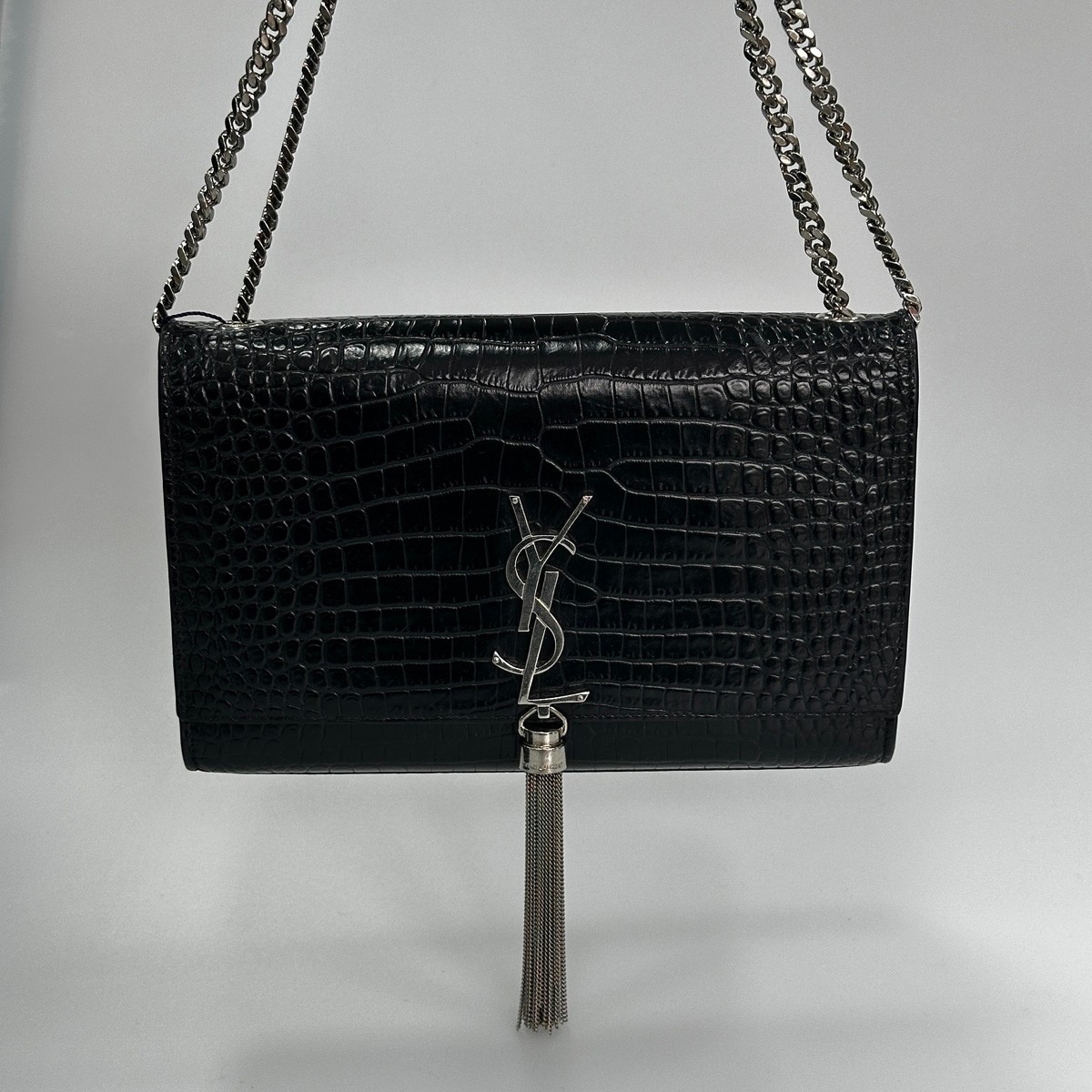 Saint Laurent YSL Kate Medium Black Croc Embossed Calfskin Tassel