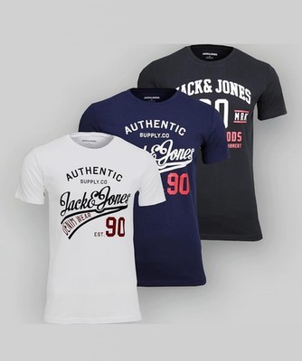 Jack and Jones Herren Trend T-Shirts 3er Pack Kurzarm Navy Weiß Schwarz Small