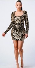 Fashion Nova Black Gold Sequin Long Sleeve Square Neck Bodycon Mini Dress XS