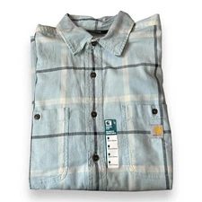 Carhartt Men's Relaxed Fit Short Sleeve Plaid Button Down Shirt Light Blue sz M