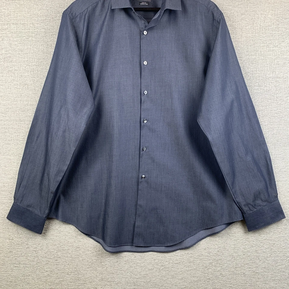 Camisa de vestir cromada con botones VAN HEUSEN para hombre talla 17-17,5 extra grande azul índigo Foto 3 de 4