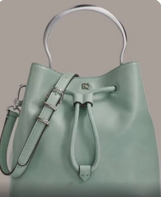 Donna Karan Purse Lawrence Top Silver Handle Crossbody Bucket Bag Pale Jade