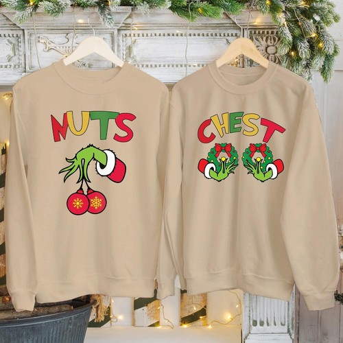 Sudadera de Navidad a Juego con Tuercas en el Pecho Pareja Divertida Familia Vacaciones Navidad Jersey - Imagen 10 de 11