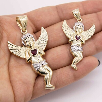 スワロフスキー エンジェル with Golden Heart Diamond-Cut Praying Angel with Heart Ruby Pendant Real 10K Yellow