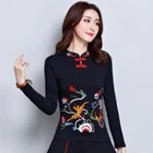 New Women Chinese Style Cotton Long Sleeve T-shirt Solid Tops embroidery Blouse