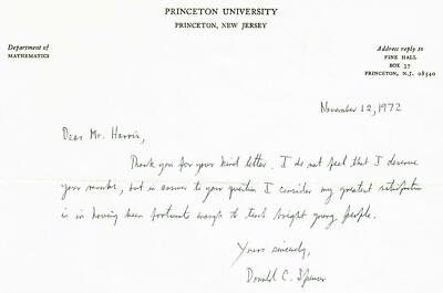 RARE!  Mathematics Pioneer'' Dr Donald C Spencer Hand Written Letter Dated 1972