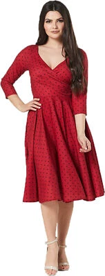 Timeless London "GENEVIEVE Polka Dot" V-Neck SWING DRESS Kleid Rot Rockabilly - Bild 1 von 4