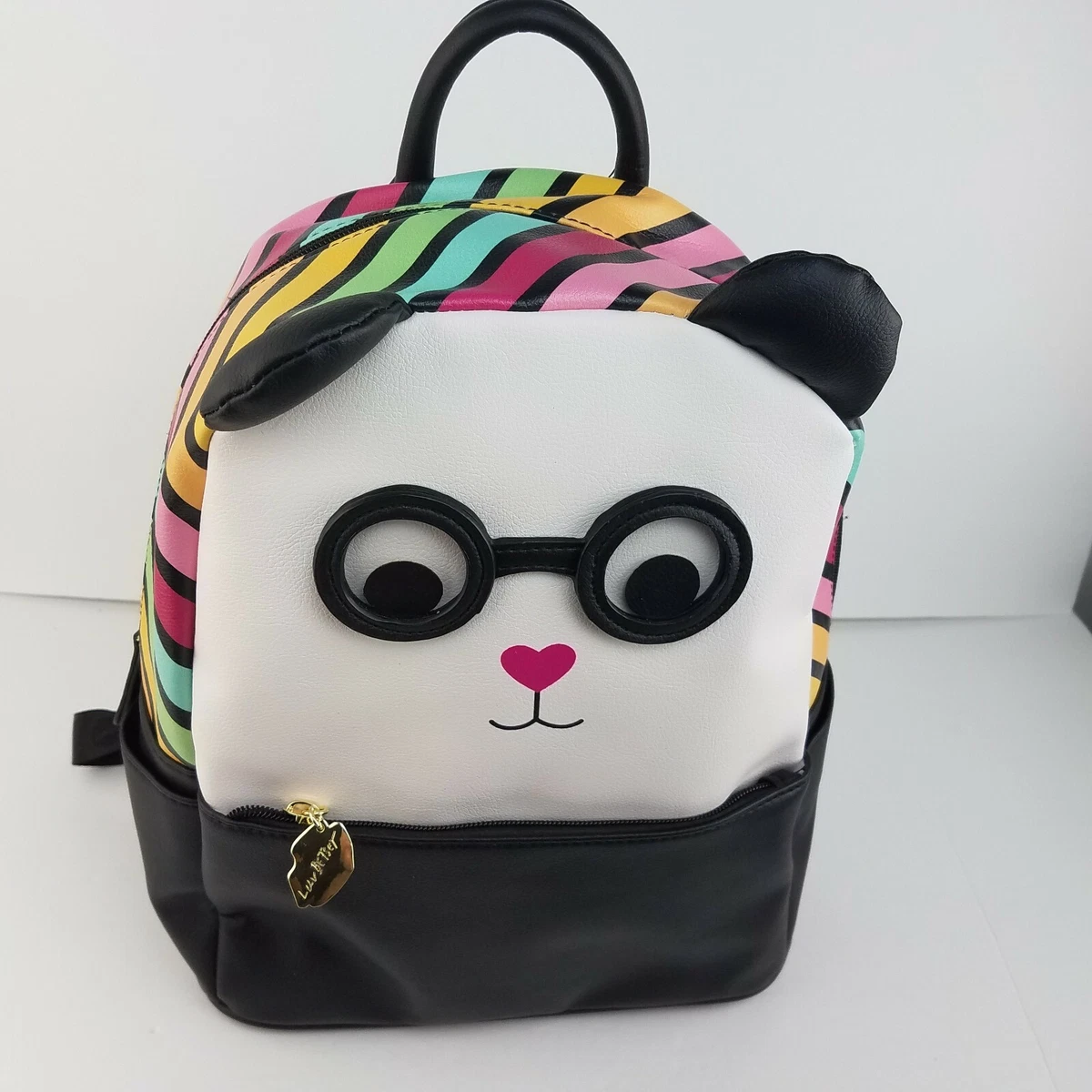 Luv Betsey Johnson Panda Face Googly Eye Backpack Rainbow Stripes Adj Straps NWT