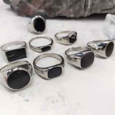 Mens Fashion Signet Ring Black Onyx Enamel Silver Tone Stainless Steel Size  6-13