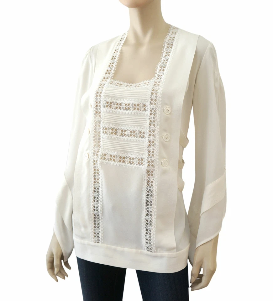 DEREK LAM 跑道象牙白花边刺绣丝绸衬衫上衣 44 美国 8 全新 — 第 2/4 张图片