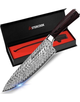 Japanese Pro 8 Inch Chef Knife, High Carbon Stainless Steel W/ Damascus Pattern