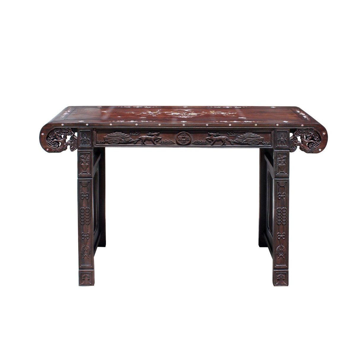 Chinese Brown Huali Rosewood Scroll Inlay Deer Fortune Motif Altar Table cs4227S Chinese Brown Huali Rosewood Scroll Inlay Deer Fortune Motif Altar Table cs4227S