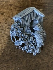 Vintag Birds and Blooms Pewter Bird w birdhouse Pin/Brooch Limited Edition  1997
