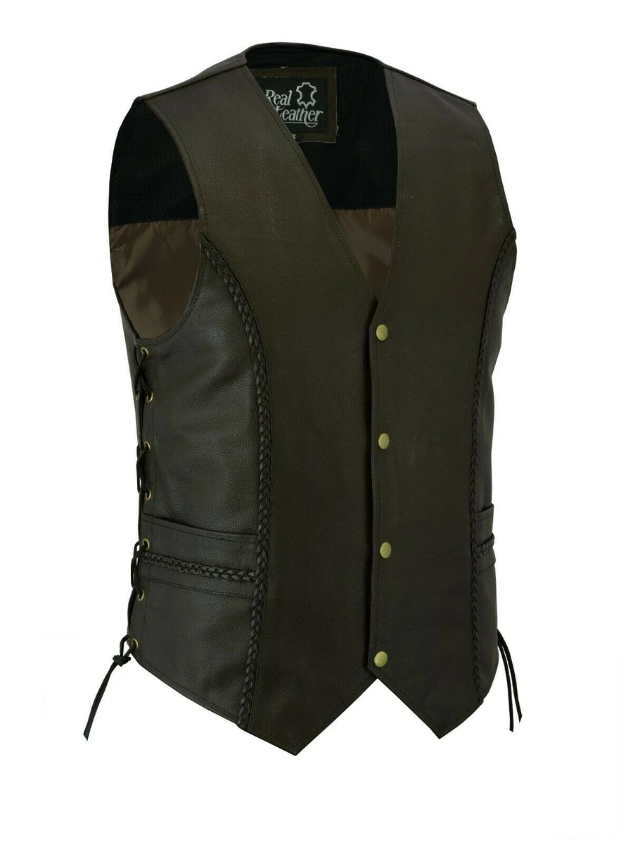 Men s Brown Leather Western Genuine Classic Biker Vest Waistcoat With Side Laces