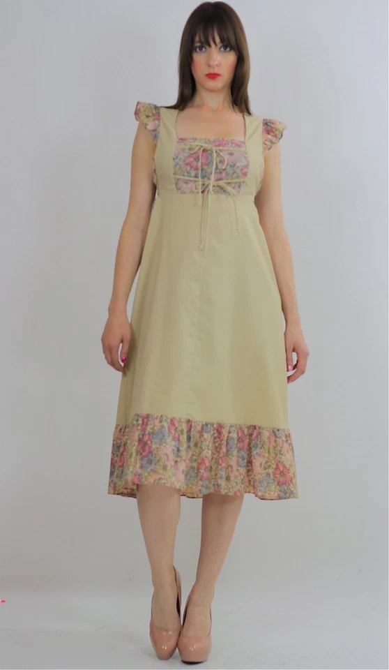Vestido Floral Hippie Vintage Años 70 En Niveles Volantes Cordones Vestido Corsé Vestido M Foto 2 de 4