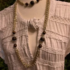Emmons Dark Wood Beads Statement Necklace Long Gold Tone Chain 40” Signed