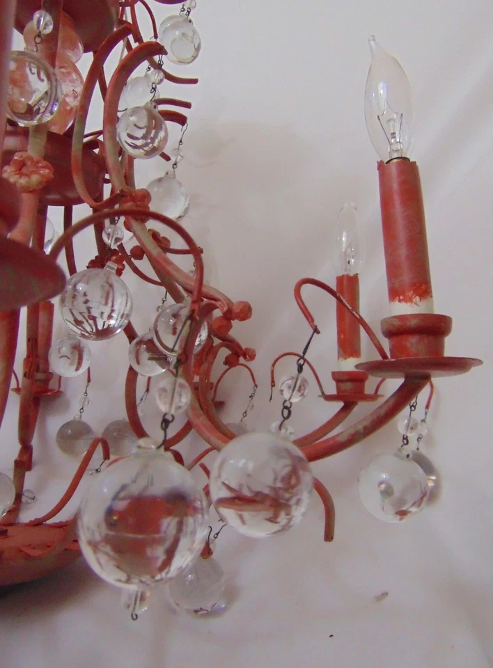 Shabby Chic Red Metal Crystal Ball Chandelier Lighting Lamp Mid C MCM Boho 50's - Image 4 of 4