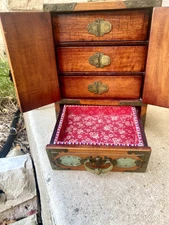 Vintage Chinese Jewelry Box Cabinet Jade Janels 9" tall 