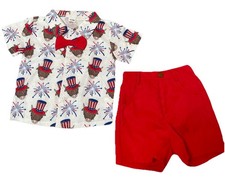 NEW 4th of July Patriotic Shirt Shorts Bow Tie Outfit Set Boys 18-24 Months