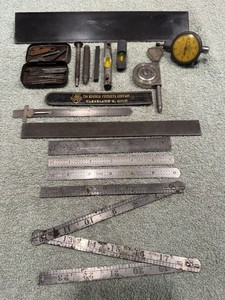 Vintage machinist tools mixed lot metal ruler, gauge, drill bit, level starret