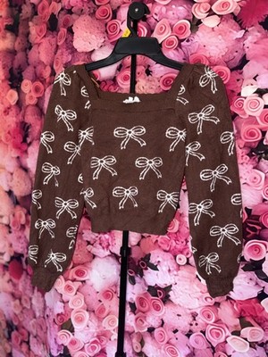 Willow Wind Square Neck Bows Cropped Sweater Womens XS Brown Soft Coquette Twee