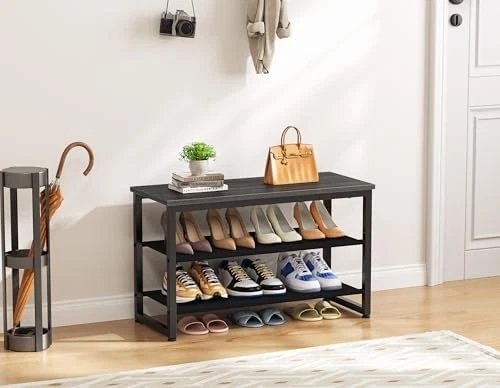 Black 3 Tier Shoe Rack Bench with Wooden Seat Metal Frame Storage Shelf 75x29x46 - Image 2 of 4