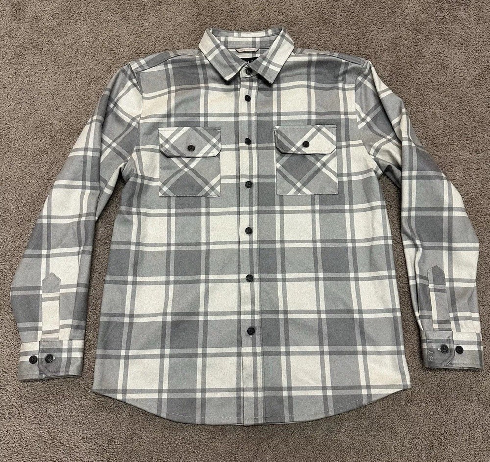 BYLT Mens Coastal Overshirt Flannel Windowpane Plaid Large Charcoal Thick Material